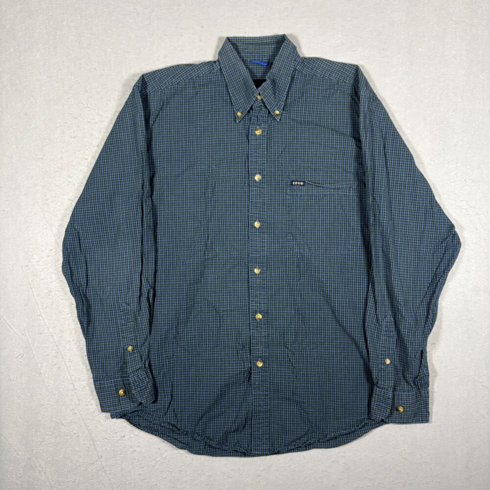 IZOD Men's Size M Long Sleeve Button-up Dress Shirt Green Blues Plaid